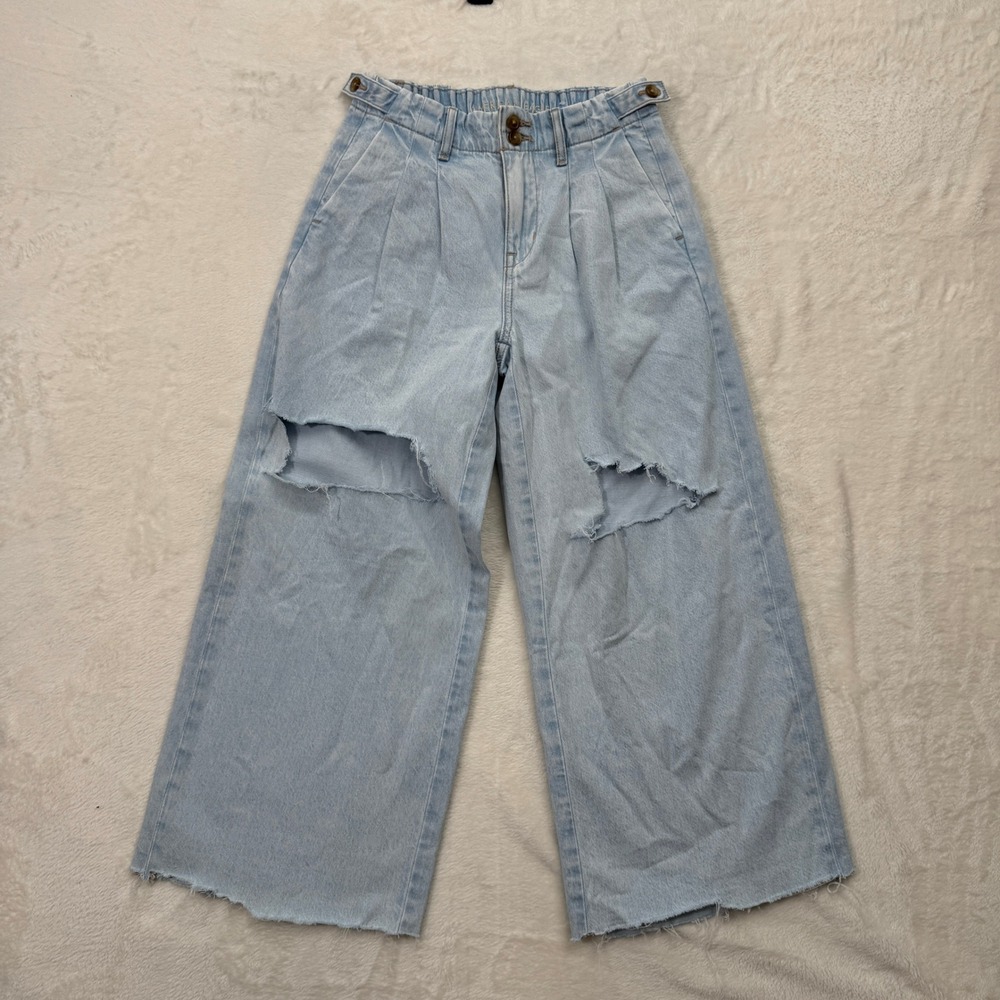 American Eagle Wide Leg Trouser Jeans Womens 000 Light Wash Distressed High Rise